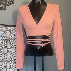 Forever 21 Pink Ribbed Wrap Crop Top with Waist Ties
